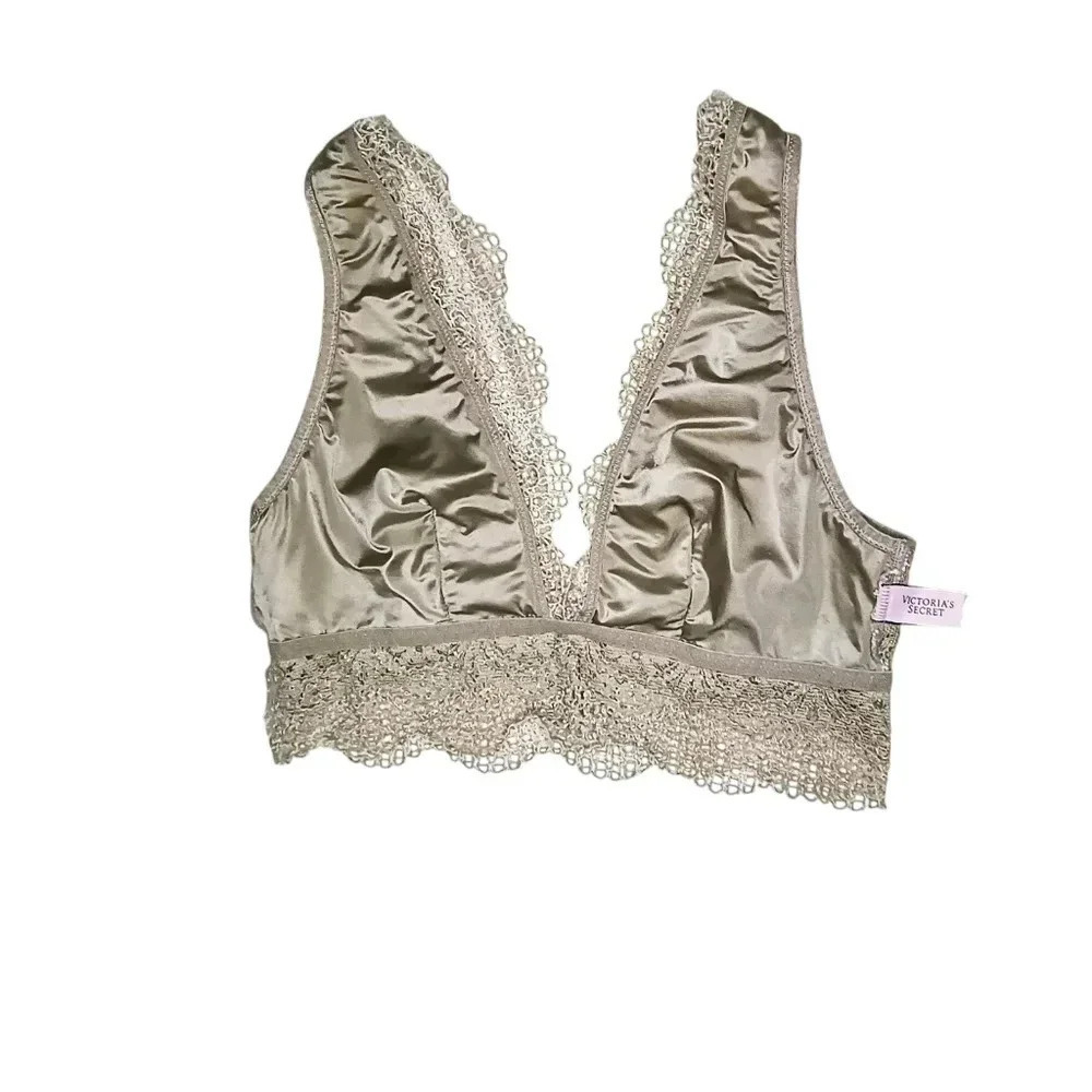Victoria's Secret Beige Floral Lace Deep V-Plunge Lined Wireless Bralette, S - Picture 4 of 10